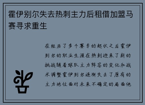 霍伊别尔失去热刺主力后租借加盟马赛寻求重生